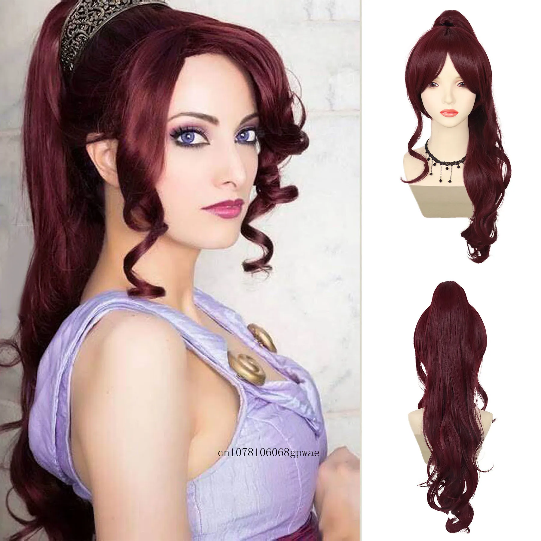 

Wine Red Princess Cosplay Wigs Synthetic Long Wavy Curly Wig with Bangs and Ponytail Hercules Costume Halloween Party Daily Use