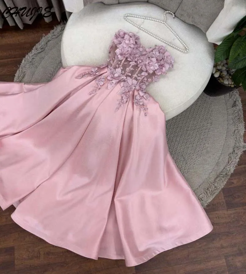 

Pink Satin Flower Appliques Prom Dress Strapless A line vestidos de noche United Arab Floor Length Formal Evening Gowns Custom