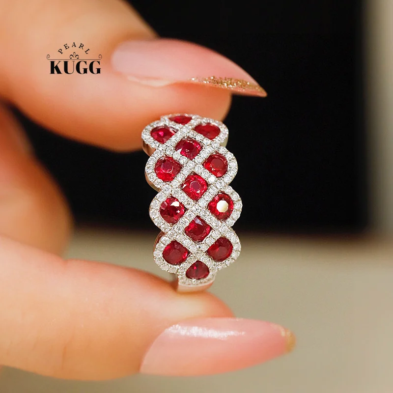 

KUGG 18K White Gold Rings Luxury Diamond Jewelry Real Natural Ruby Gemstone Wide Cut Ring for Women High Engagement Party