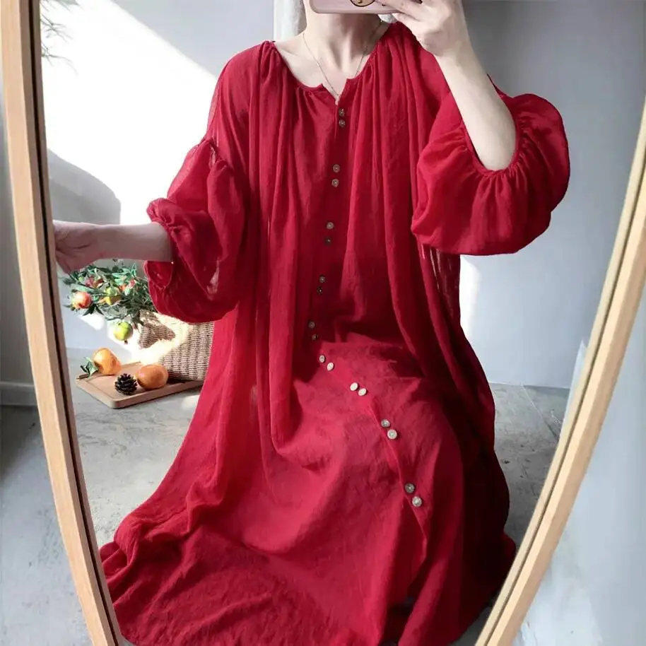 

Японский кардиган Rakuten в этническом стиле с красными рукавами-фонариками, хлопково-льняная рубашка для защиты от солнца, свободное платье больших размеров, женское платье-жилет