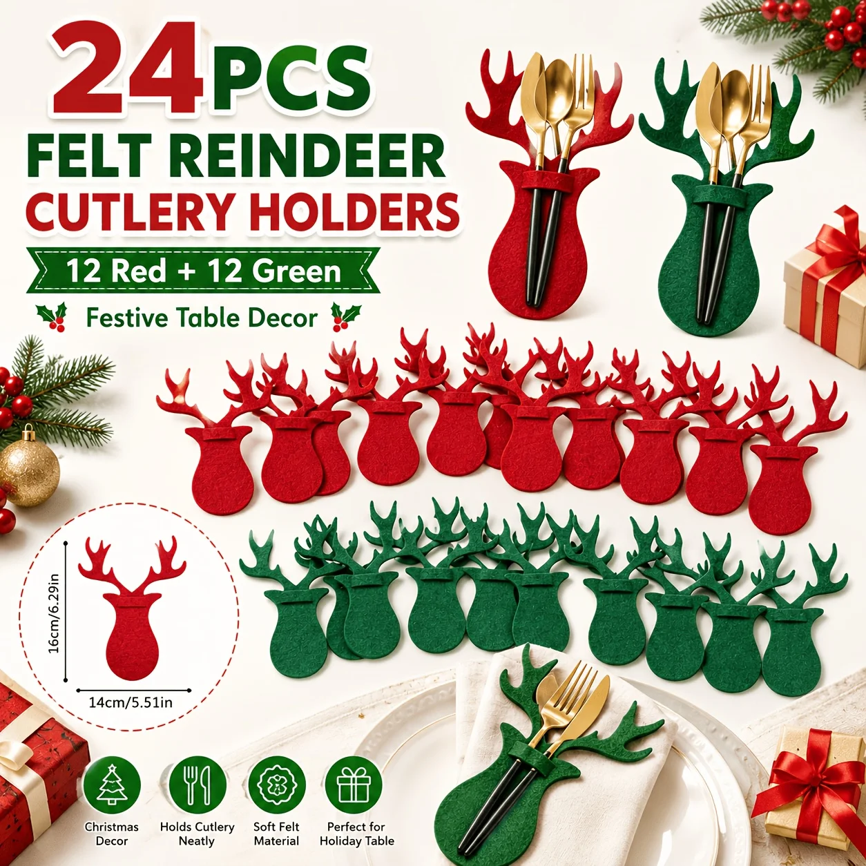 24pcs Christmas Reindeer Felt Tableware Bags Reindeer Horn Knife And Fork Storage Sets Christmas Table Decoration Felt Tableware