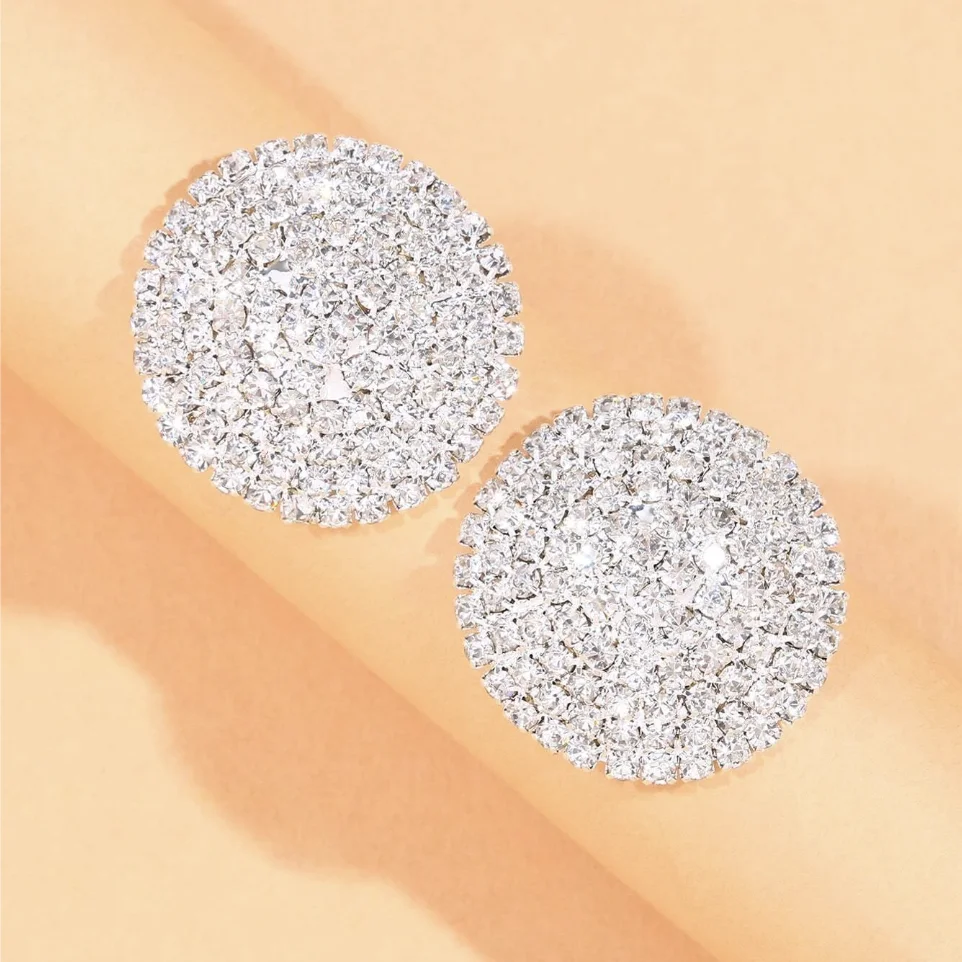 TREAZY Silver Color Full Rhinestone Big Round Stud Earrings Fashion Shiny Crystal Statement Women Jewelry Wedding Party Earrings