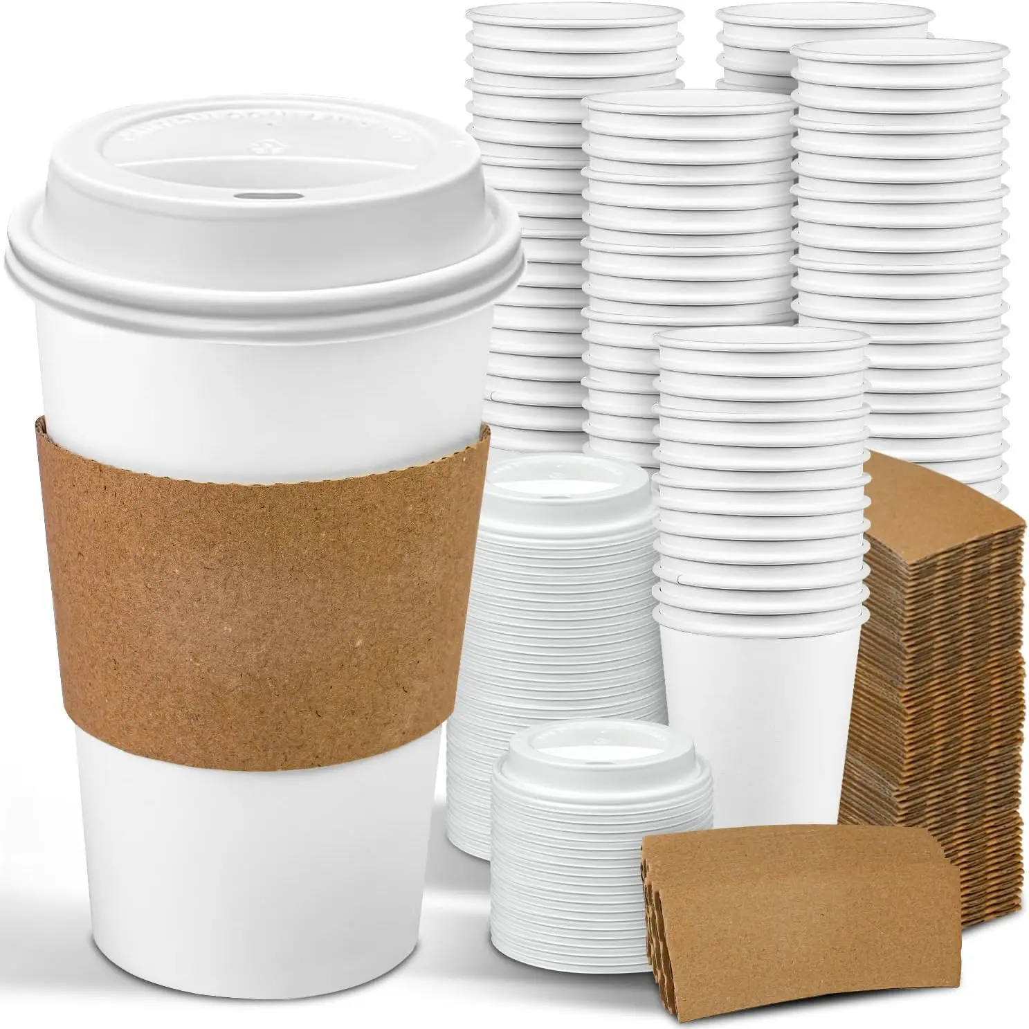 

100 Pack 16 oz Disposable Coffee Cups with Lids and Sleeves Leak-Proof White Paper Cups, Insulated To
