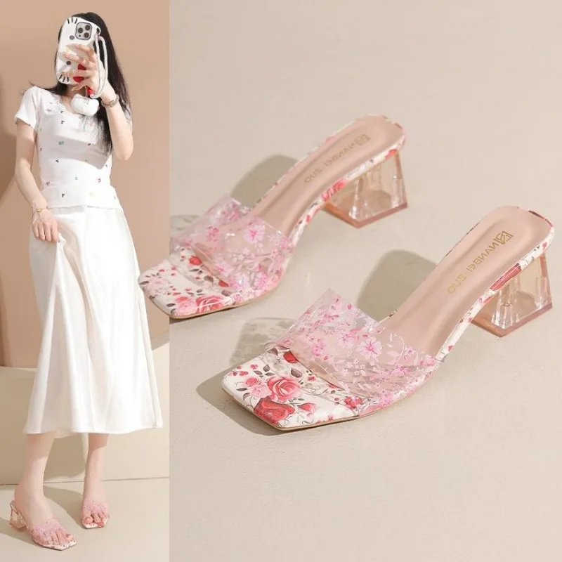 

Design Sense Niche Cool Slippers Women's Slim Heels Sexy and Charming Chinese Style Floral High Heels Exposed Toes Plus Size 42