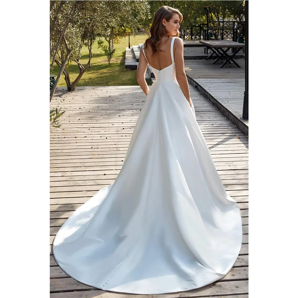 Customized Fair Lady Wedding Dress for Bride Beach Spaghetti Straps A Line V Neck Satin Bidal Gowns with Train Bridal Gown