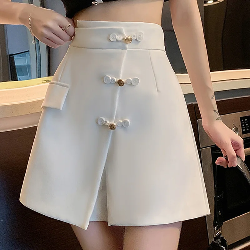 Nice White High Waist Casual Shorts Ladies Solid Color Buttons Irregular Spring Summer Thin Office Lady Women's Clothing Tempera