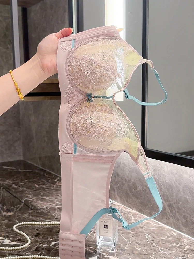 調節可能なレースブラセット女性の薄いスタイル痩身夏小さな胸ギャザー下着純粋な欲望通気性ワイヤーブラジャー
