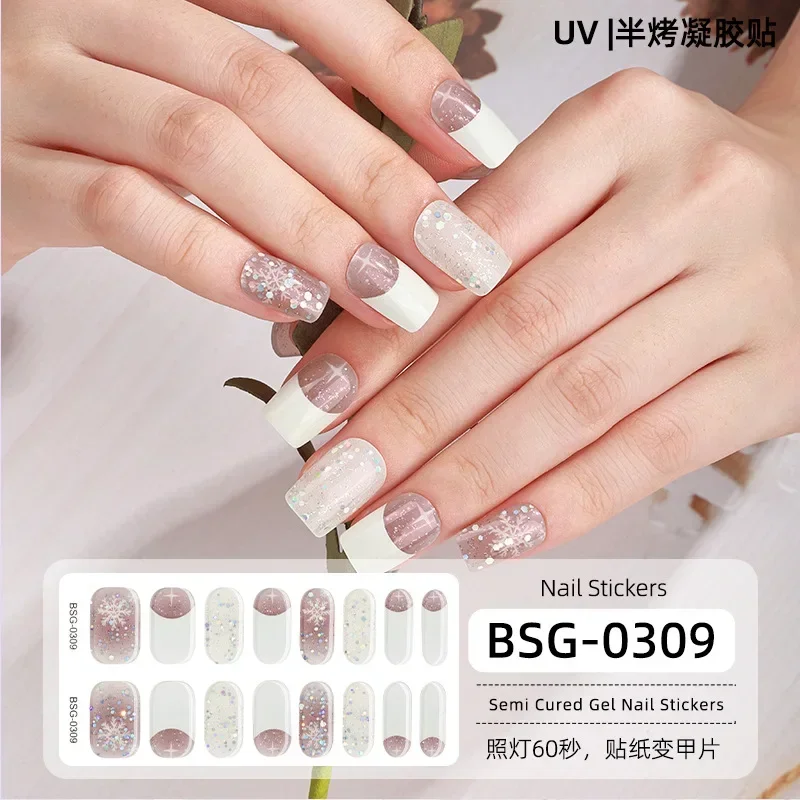 16Tips Eco-friendly Nail Gel Sticker DIY French Manicure Nail Art Design Full Gel Wraps Semi Cured Gel Sticker For Women Decals