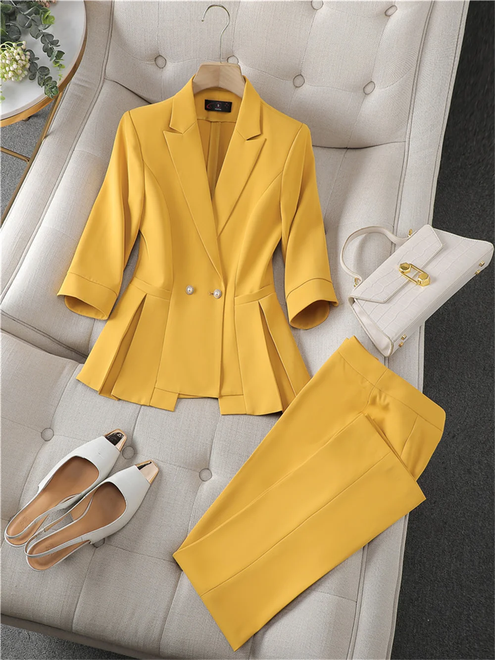 

Summer Women Two Piece Set 2023 New in Yellow Pink Black Elegant Blazer Trousers Chic Formal Office Ladies Business Pant Set