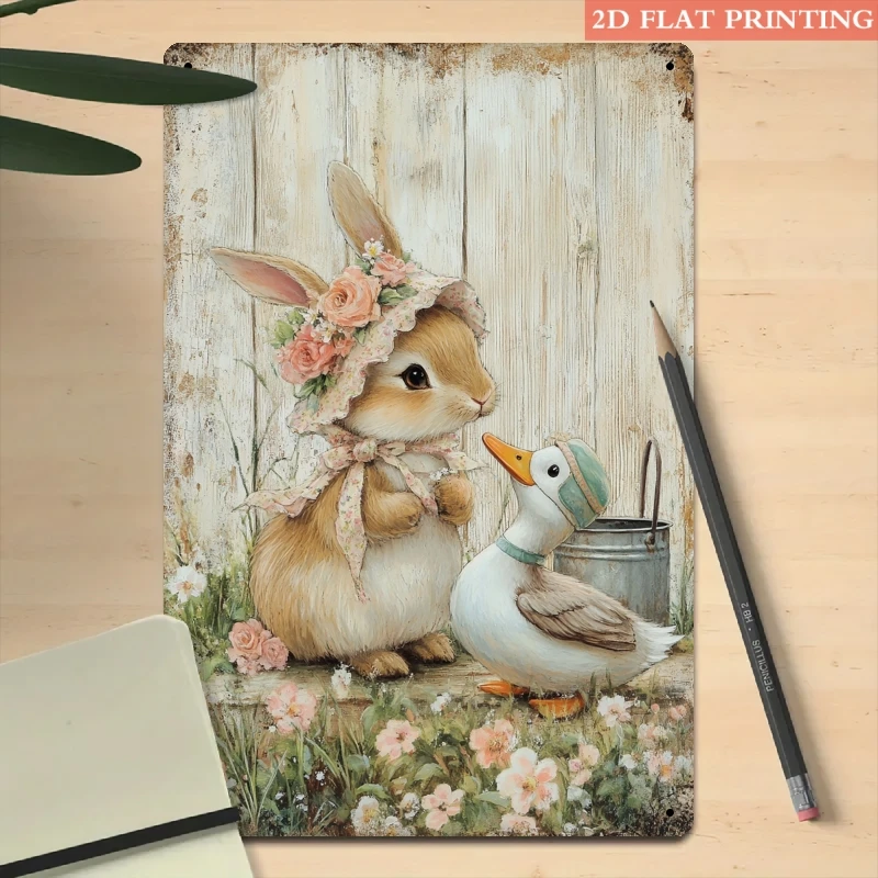 Vintage Hasen-Enten-Metallschild aus Eisen, 8x12 Zoll, Retro-Wanddekoration, Blechschild für Garten, Wohnzimmer, Schlafzimmer