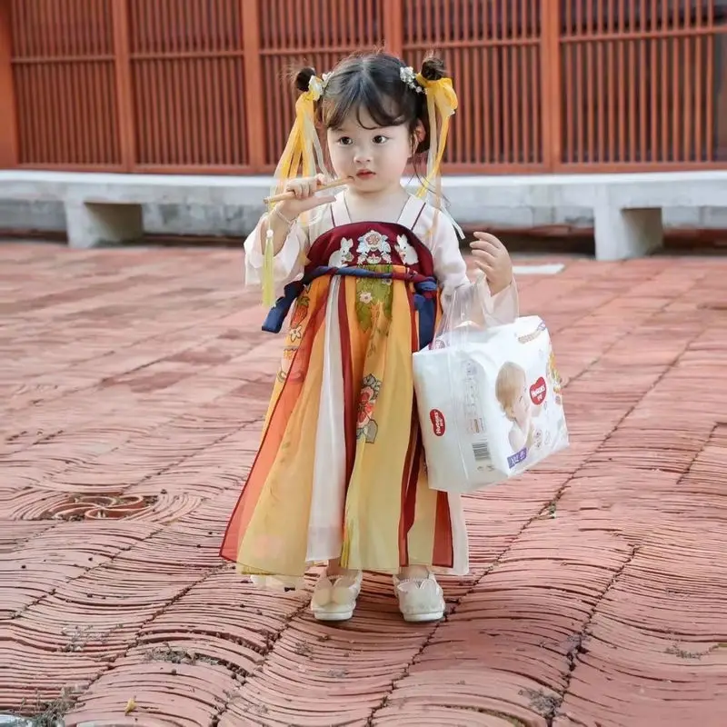 Hanfu for girls, spring collection, ancient-style fairy dress, Chinese-style Tang suit dress, children's robe, suitable for spri
