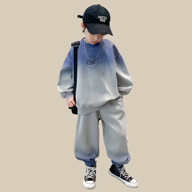 2025 Spring Young Teenager Boy 2PCS Clothing Set Gray Tie Dye Cotton Hoodies Loose Fit Sporty Jogger Pant Junior Boys Tracksuits