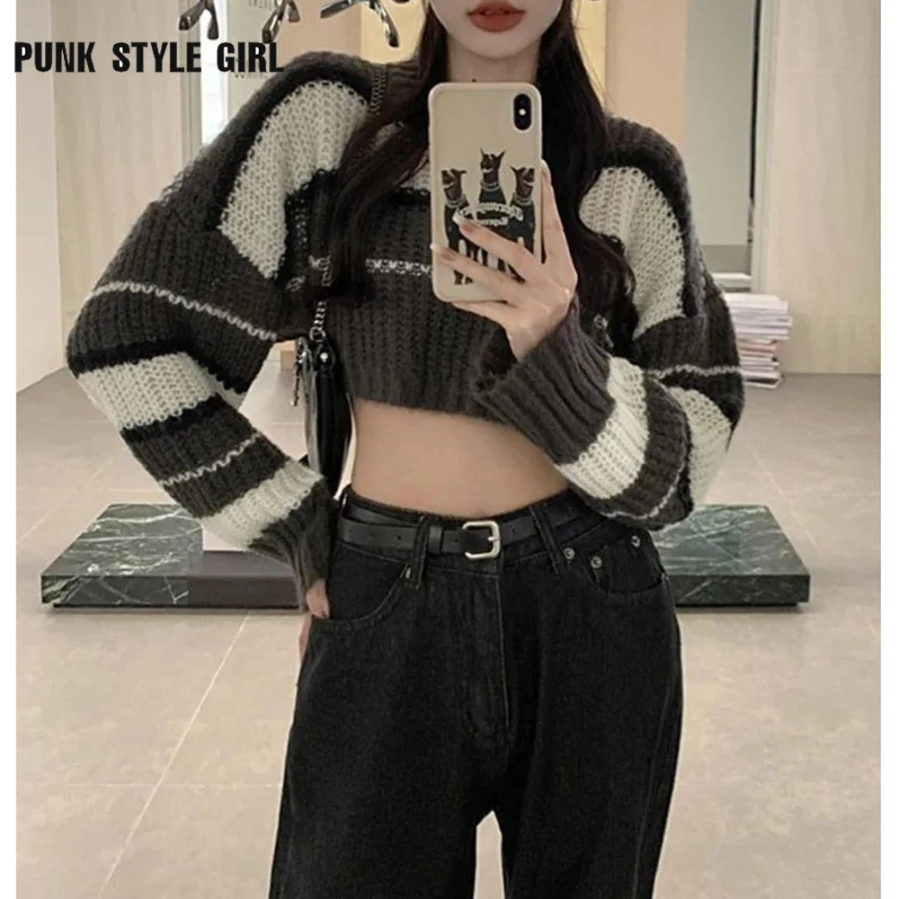 Kobiety Kpop Hippie Cropped Sweater Patchwork Harajuku Striped Streetwear Oversize Pullover Knitted Tops Korean Style Basic Jumper