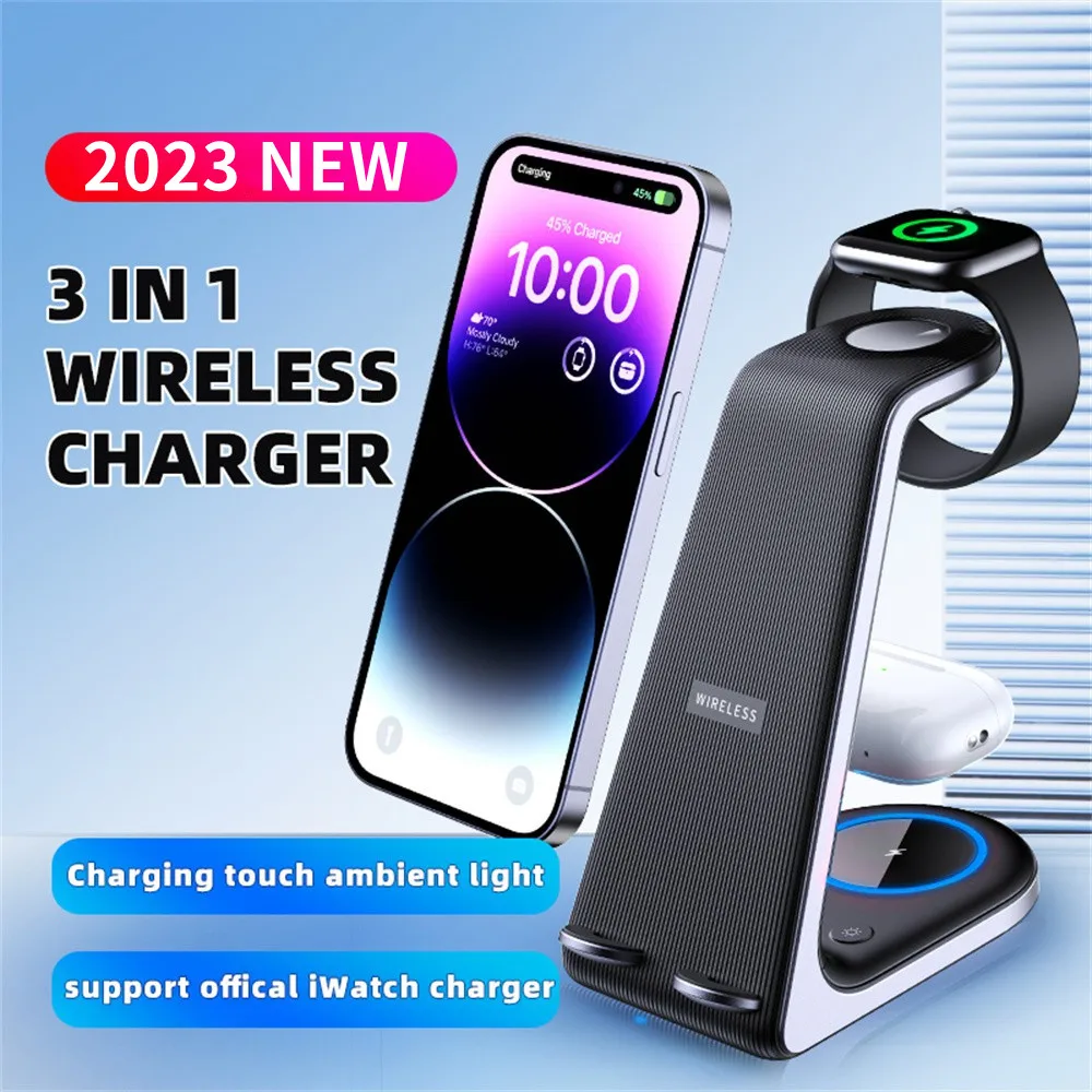 15W Wireless Charger Stand 3 in 1 Fast Charging Dock Station For iPhone 14 13 12 Samsung Galaxy Apple iWatch 8 7 For Airpods Pro