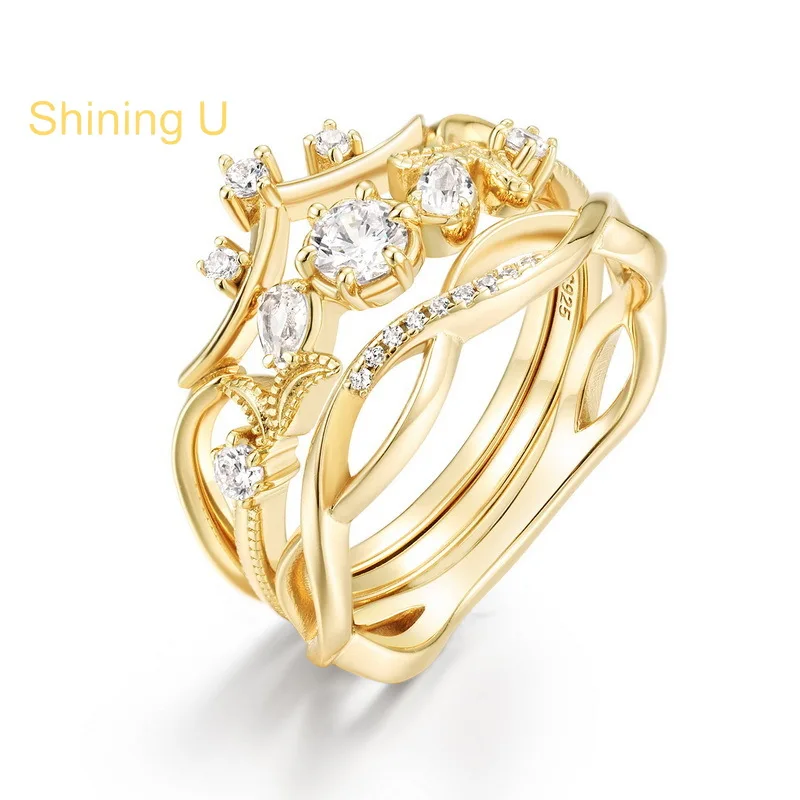 

Shining U 925 Sterling Silver Crystal Ring Set for Women Fine Jewelry Birthday Gift