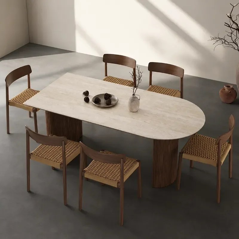 Medieval Cave Stone Slab Dining Table Solid Wood Set Modern Simple Retro Wall Island for Small Apartment Home Use
