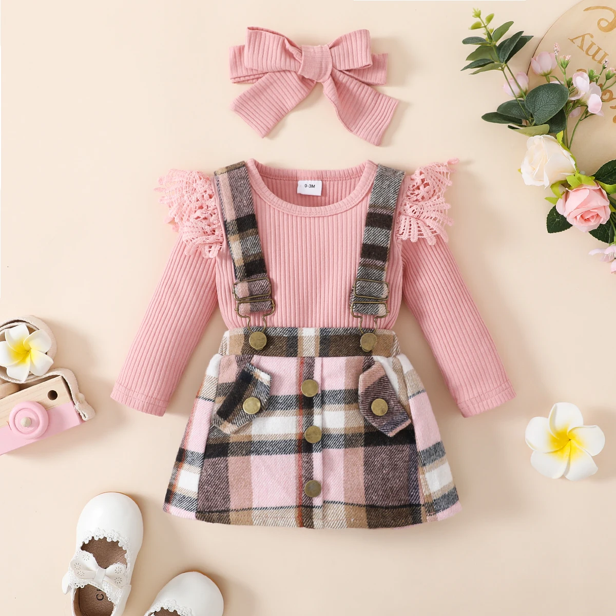 

PatPat 3pcs Baby Girl 95% Cotton Rib Knit Spliced Lace Long-sleeve Romper and Plaid Suspender Skirt with Headband Set