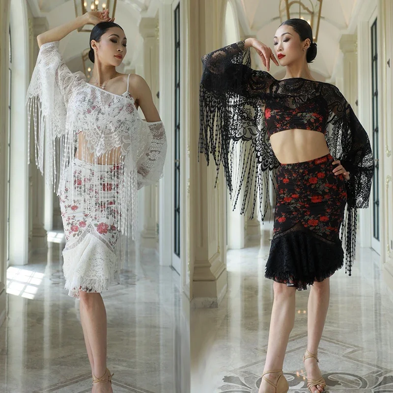 

2025 Latin Dance Costume Adult Rose Print Camisole White Fringe Skirt Loose Lace Top Black Latin Performance Dancewear