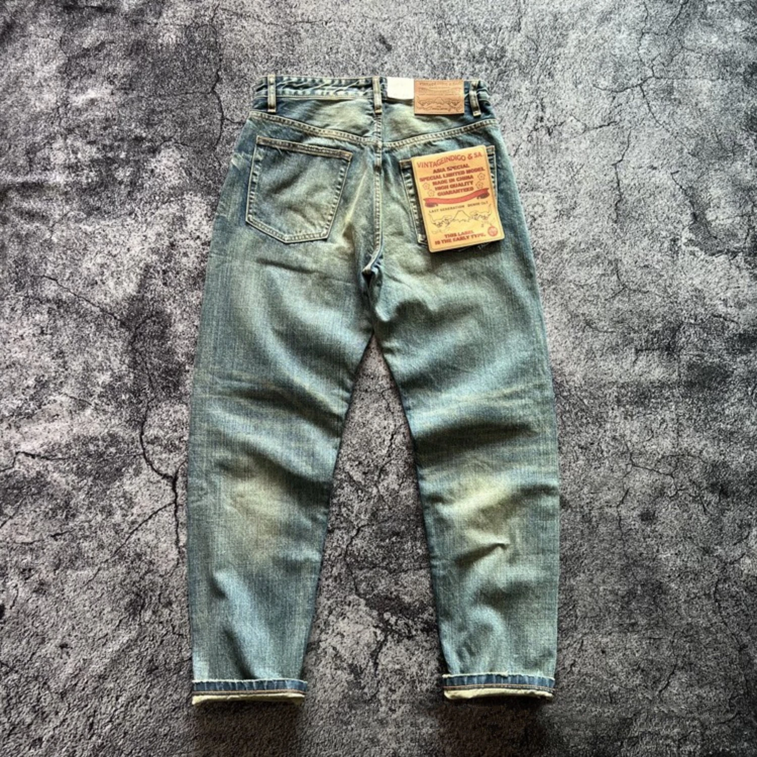 14OZ Amerykańskie spodnie jeansowe w stylu vintage, wykonane ze starego, szarego, niebieskiego, taninowego, czerwonego ucha, wysokiej klasy, luźne, proste nogawki, męskie