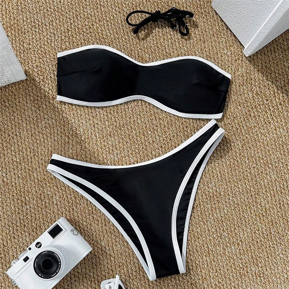 Black Bandeau Micro Bikini Thong Sexy Swimsuit Women 2026 White Edge Holiday Swimwear High Leg Cut Bathing Suit Bikinis Sets
