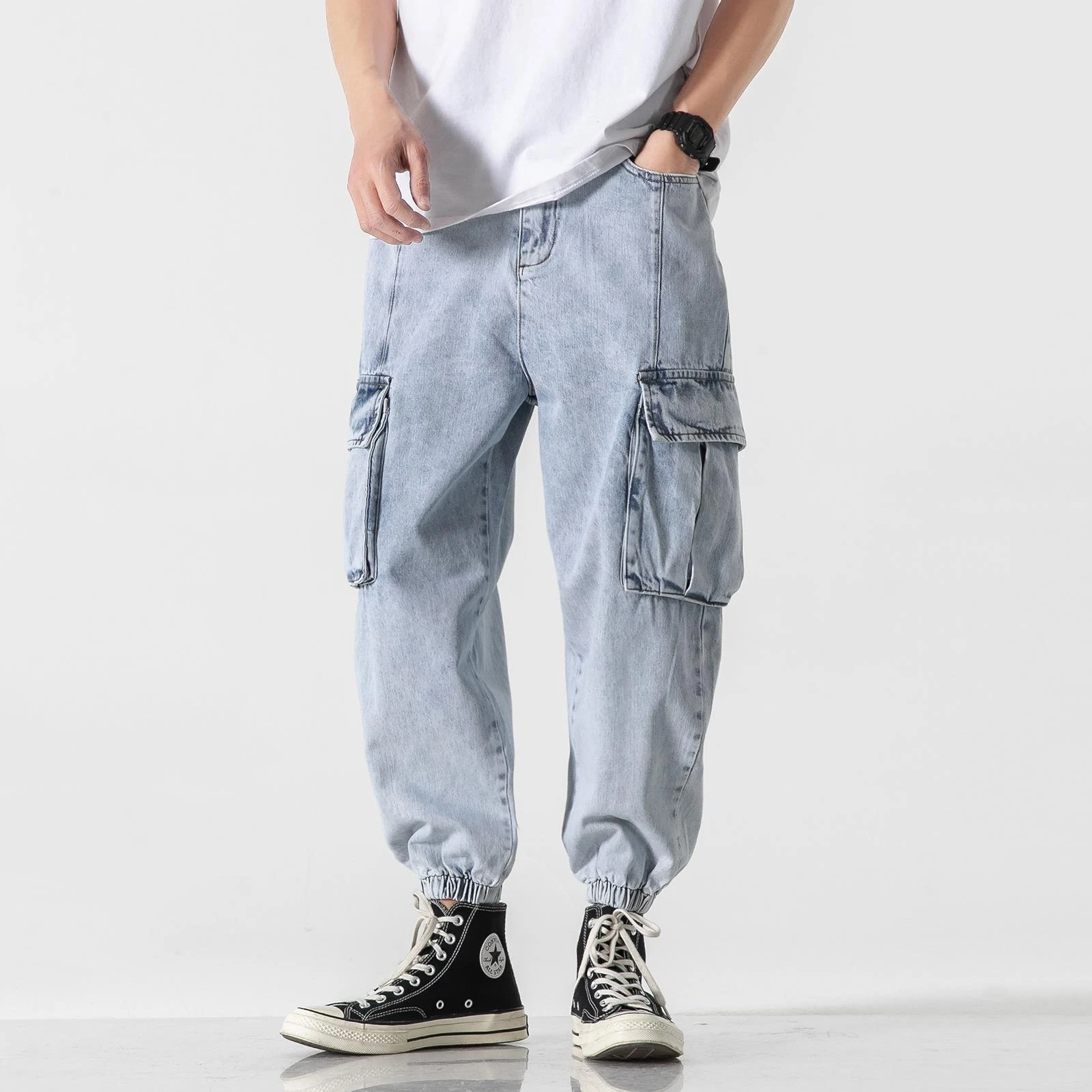 

Джинсы-карго мужские мешковатые, свободные штаны с широкими штанинами, мешковатые брюки из денима в стиле хип-хоп, с большими карманами, уличная одежда, большие размеры 5XL