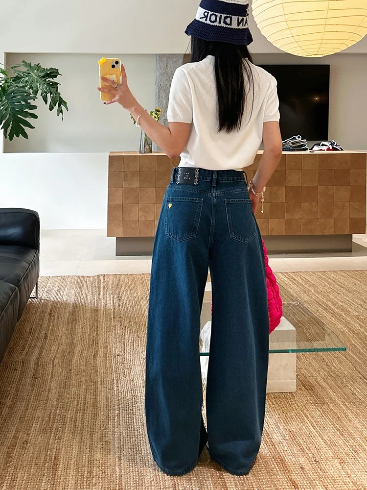 

Женские джинсы с высокой талией и прямыми штанинами, весна 2026, новые широкие брюки синего цвета с эффектом стирки и вышивкой в виде сердца, длина в пол