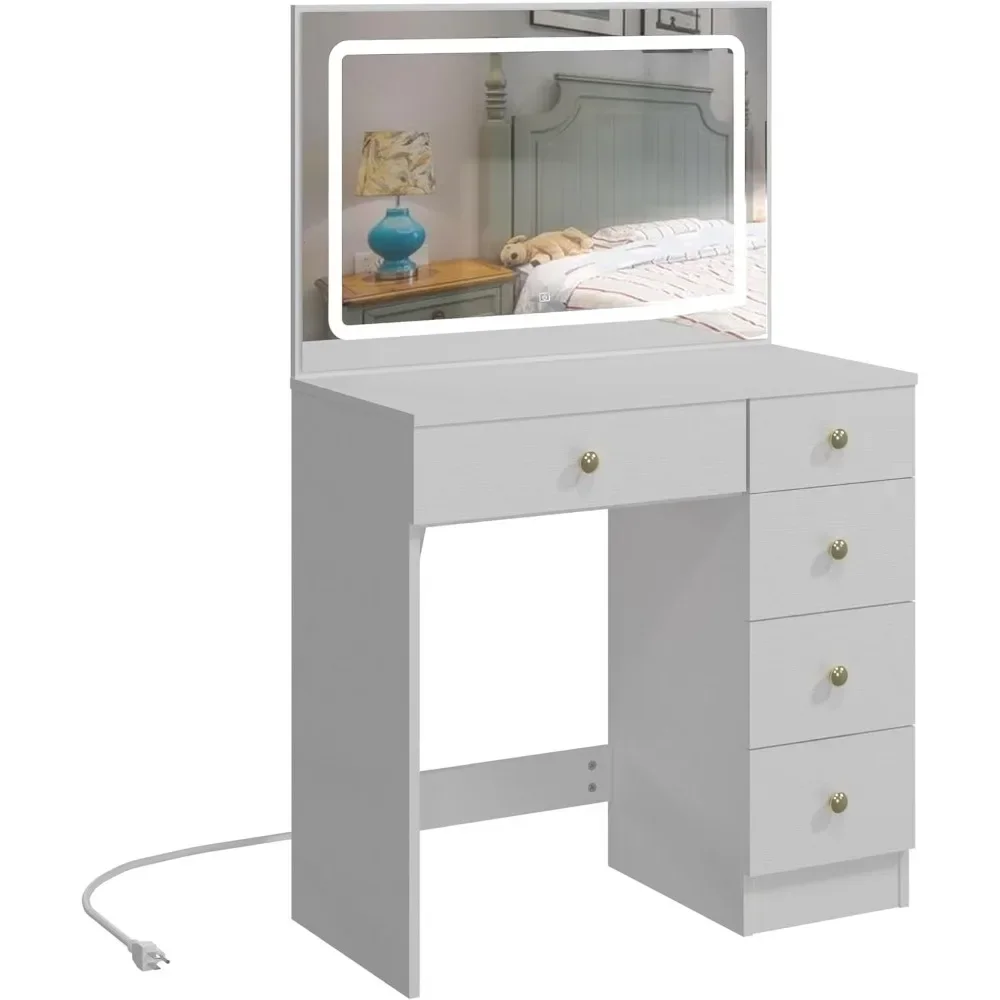 

Makeup Vanity with Large Lighted Mirror, Vanity Desk with 5 Drawers Vanity Set with Power Outlet 3 Color Lighting Modes Dressing