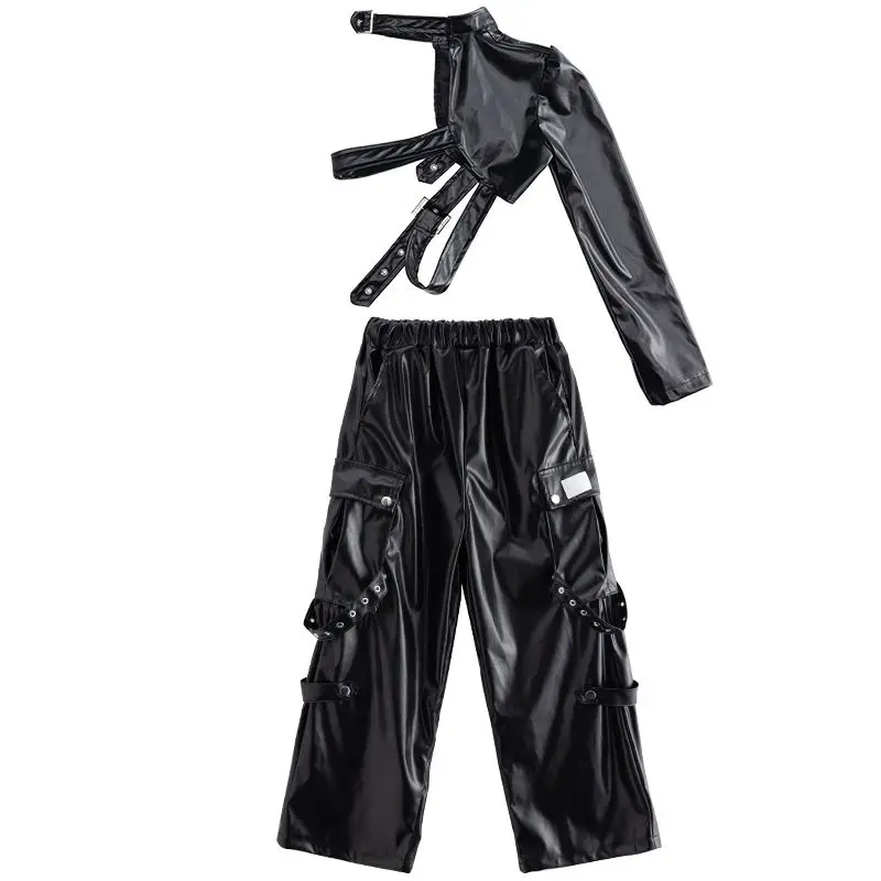 Jazz Dance Girls Clothes Kids Hip Hop Dance Costume Black Leather Crop Tops Hiphop Pants Catwalk Performance Clothing BL13600