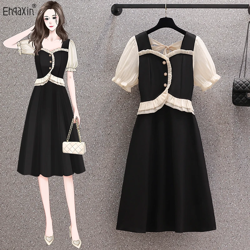 

EHQAXIN Ladies Dress 2022 New Summer Square Neck French Stitching Back Bow Tie Llight Luxury Short-Sleeved Button Dresses M-4XL