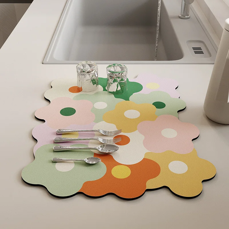 Dish Drying Mat Flower Kitchen Drain Mat Mat Tabletop Tableware Dry Mat Cup Mat Wash Free Tea Table Bar Mat