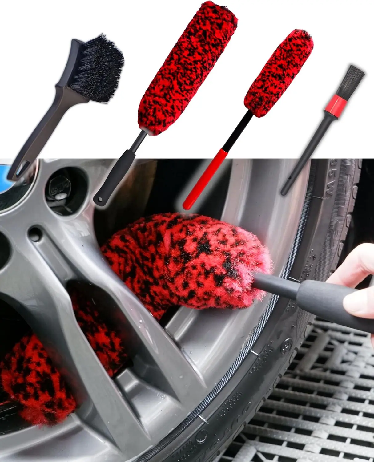

Professional 4 Pack Long Handle Wheel Brush Kit for Cleaning Wheel and Tire- 2X Soft Wheel Cleaning Brush, Detailing Brush and S