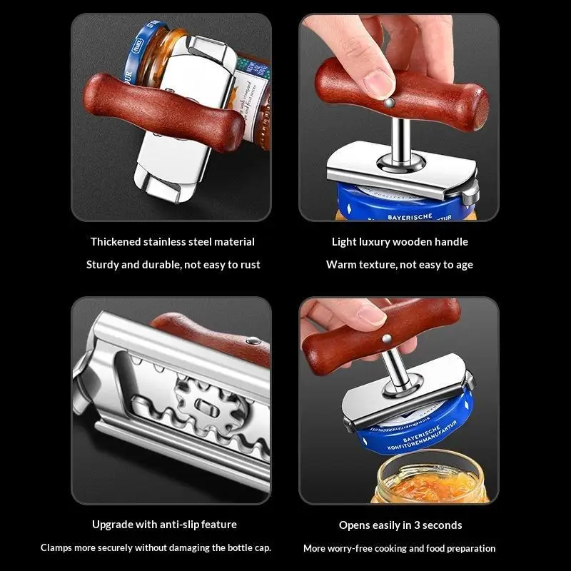 ~Adjustable Jar Lid Opener Stainless Steel Base Non Slip Wooden Handle Effortless Open All Size Jar Lids
