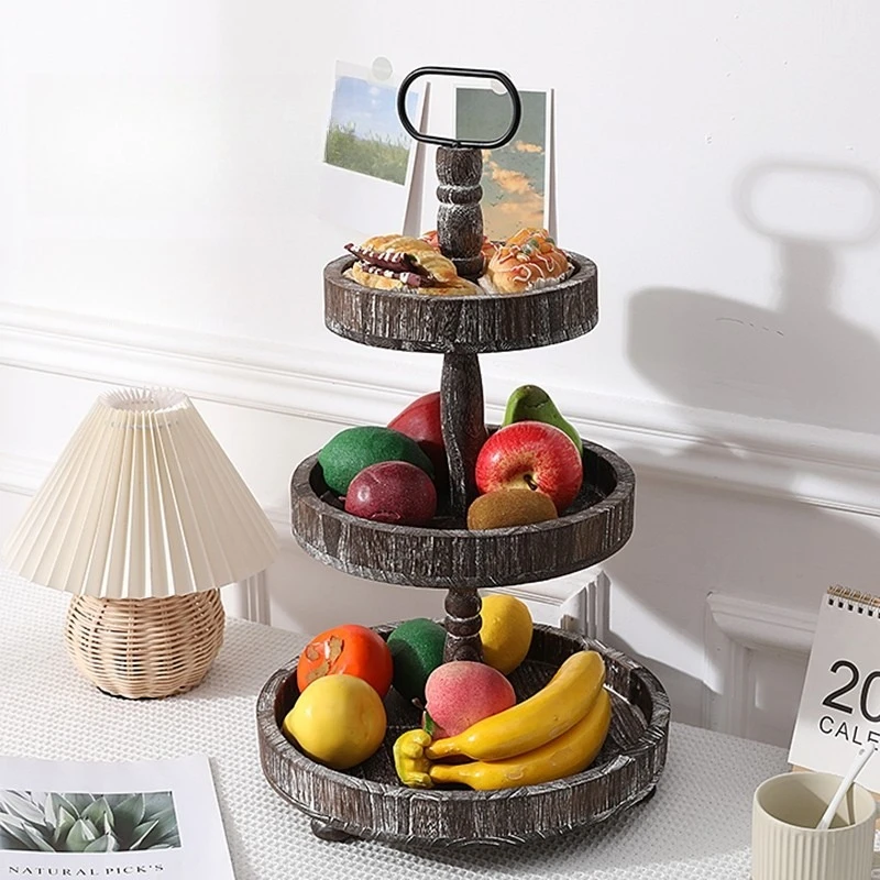 

European Creative Solid Wood Cake Stand Paulownia Wood & Iron Art Double-Layer Dessert Tray Bread Fruit Snack Display Rack