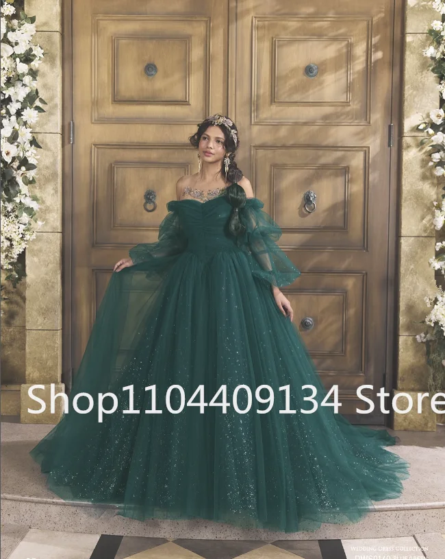 Vestidos de fiesta de princesa Aladino de color verde esmeralda brillante con hombros descubiertos, manga larga, vestido de noche de celebridad Gillter Fiarytal personalizado