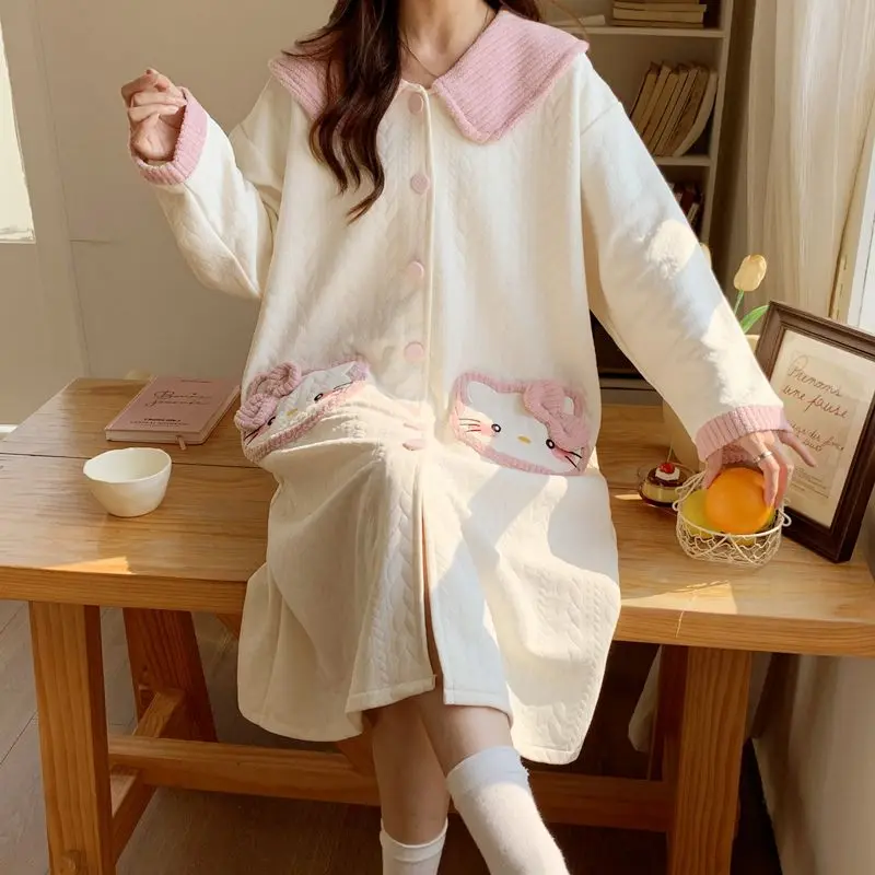 كيتي فتاة لطيف ثوب النوم الكرتون منامة الخريف الشتاء بأكمام طويلة الحلو Kawaii فضفاض ملابس المنزل طالب ملابس خاصة غير رسمية