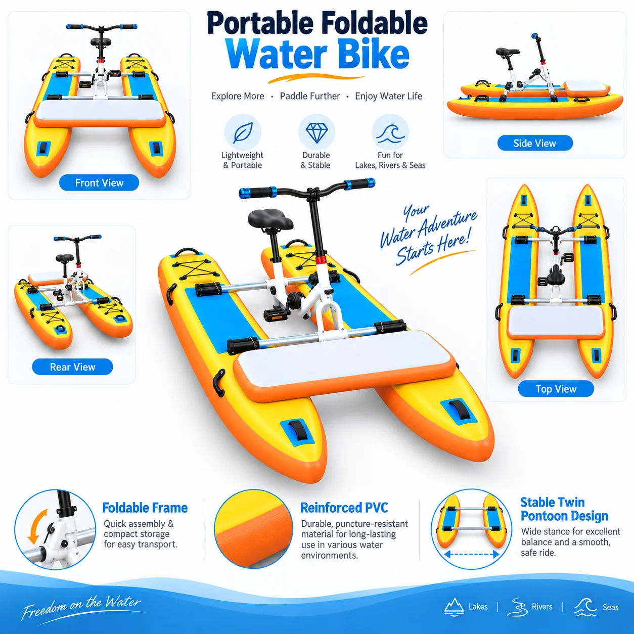 Portable Foldable Inflatable Water Bike Pedal Boat Catamaran 1 Person 120kg PVC for Lake Resort Rental Water Sports