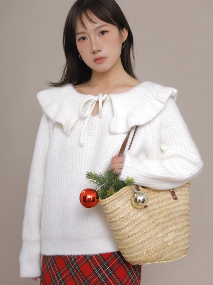 

Ohmyloli Women's Long Sve Basic Pure Color Sweater Tibetan Wool Blend Pleated Collar Multi-Way Wear Fce-Lined Knitwear