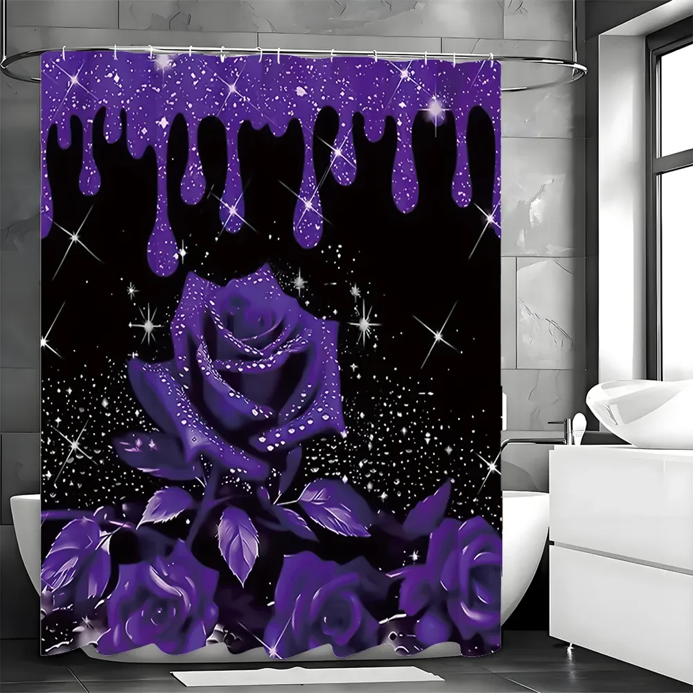 

Gothic Purple Rose Shower Curtain, Dark Starry Glitter Print, Waterproof Polyester Bathroom Curtain with Hooks