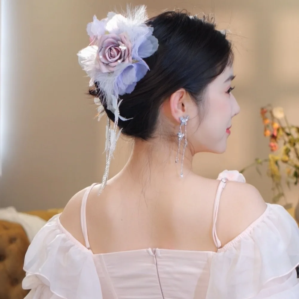 Jepit Rambut Bunga Retro Aksesori Rambut Klip Hiu Hanfu Peri Super Temperamen Cakar Rambut Rumbai Besar