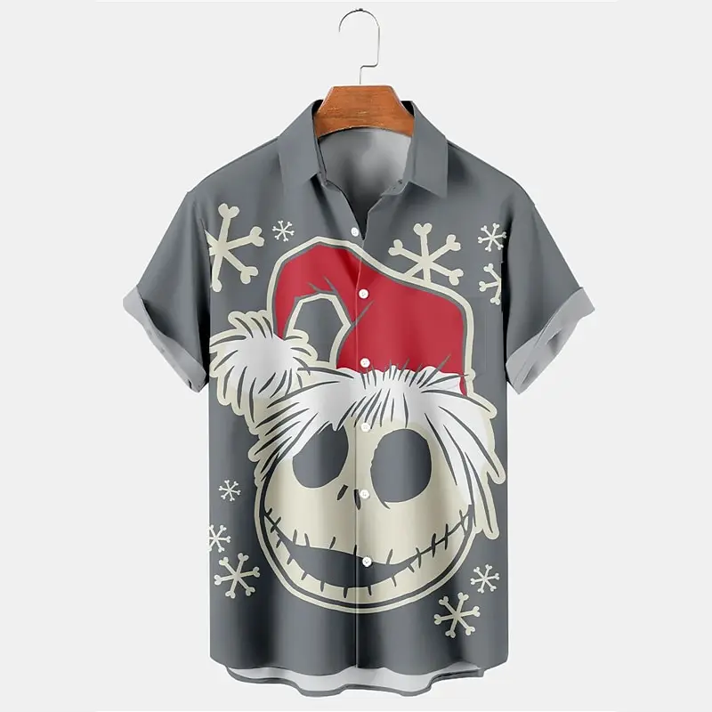 Ugly Christmas Skull Print Men\'s Shirt Outdoor Christmas Men\'s Lapel Top Street Fall Short Sleeve Plus Size Men\'s Shirt