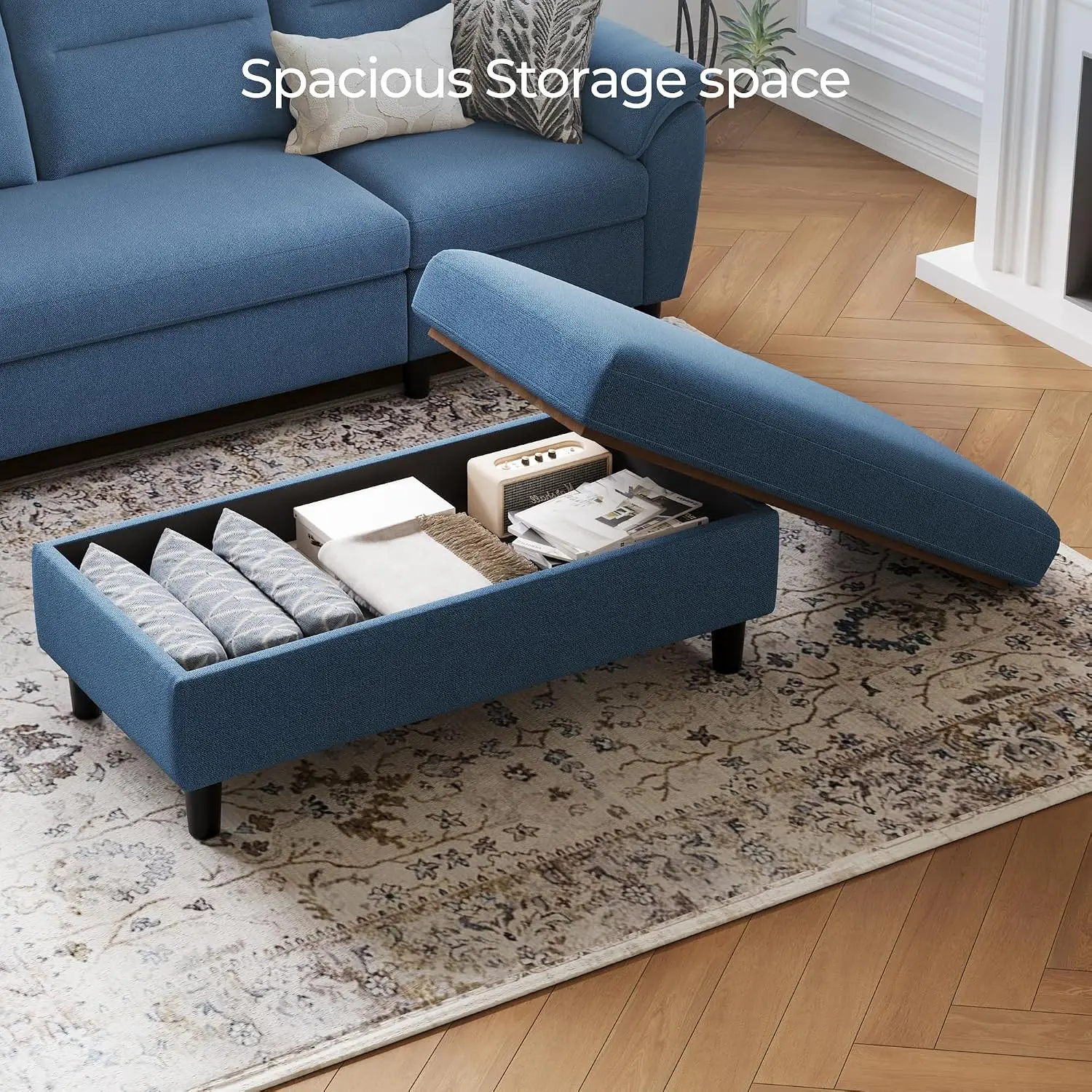46 Inches Wide Storage Ottoman Bench, Linen Coffee Table Long Shoes Bench Footstool, Storage Chest, Foot Rest Stool, for The