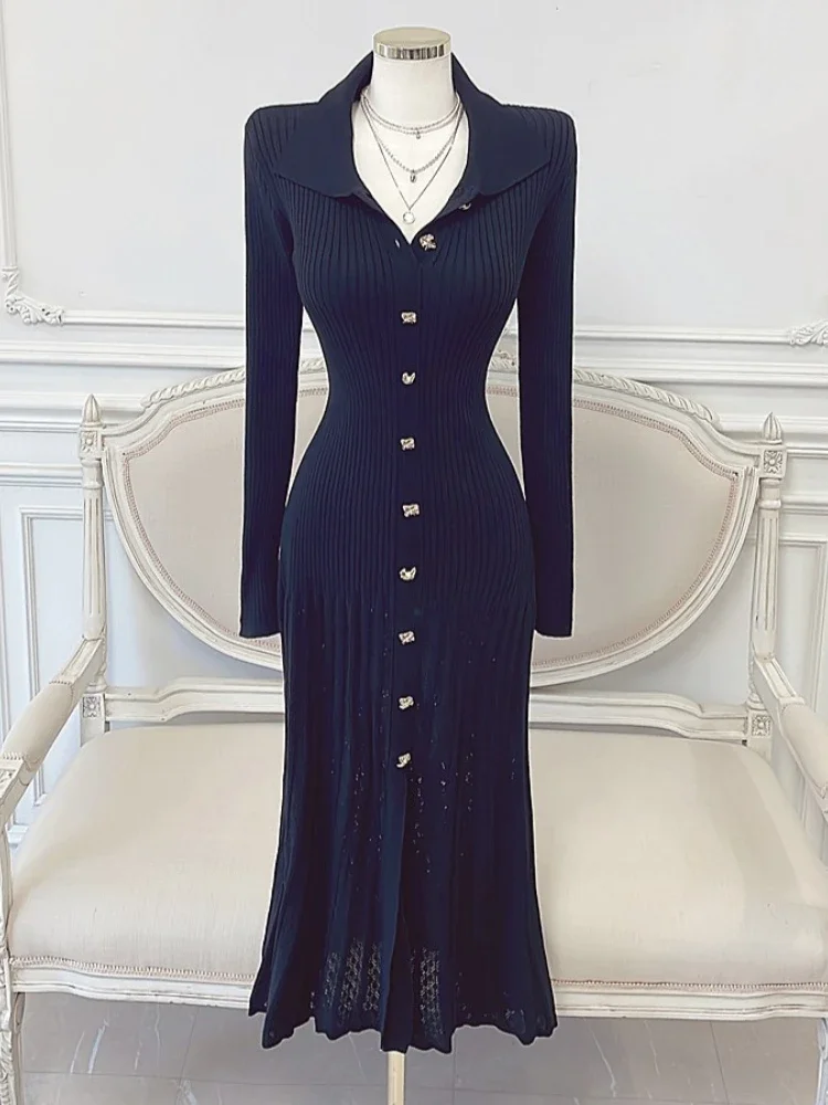Retro elegancka sukienka z dzianiny damska z długim rękawem szczupła jednorzędowa obcisła sukienka damska z klapami długa suknia z wycięciem Vestidos