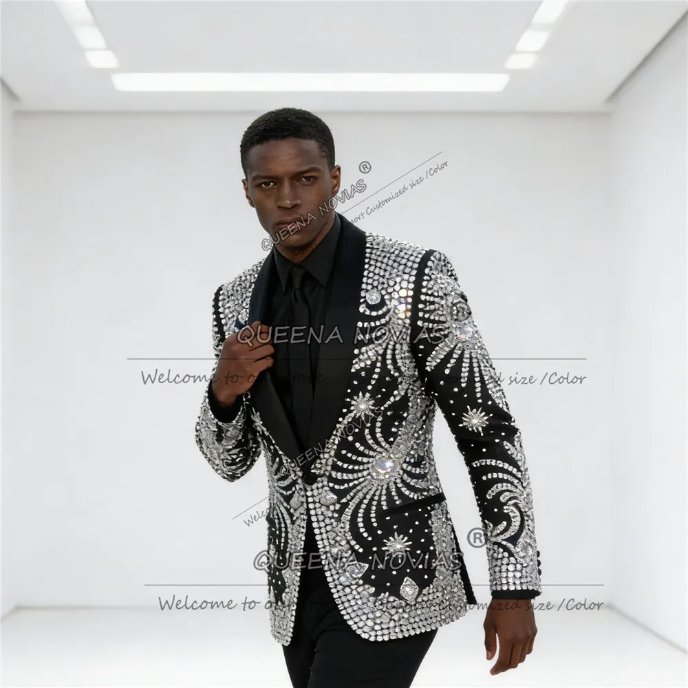 Costumes de mariage pour hommes en cristal de strass exquis, smoking ajusté, Ropa hombre, ensembles de 2 pièces, blazers pour marié perlés, sur mesure