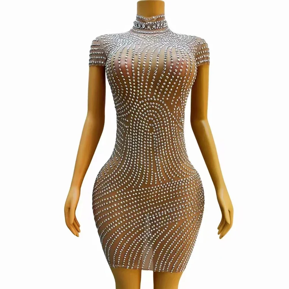 

Women Sparkly Silver Crystals Nude Mesh Transparent Party Club Costume Celebrate Collections Host Dress Dance Stage Evening