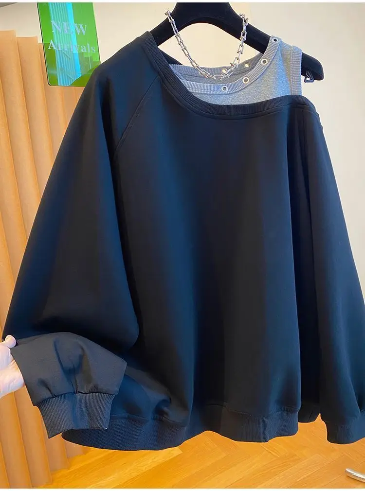 Fake Two Piece Casual Oversized Off Shoulder Sweatshirt Tops Women Designer Hollow Out Sweatshirt Fall Hoodie Jacket Outwear