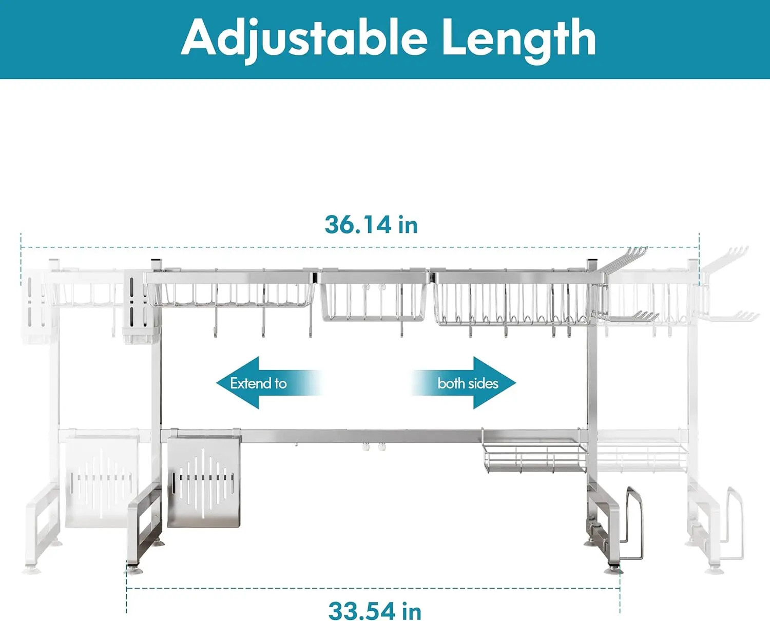 304 Stainless Steel Dish Drying Rack, expansível L, 2-Tier Dish Rack, comprimento ajustável, 33.5-36.2in