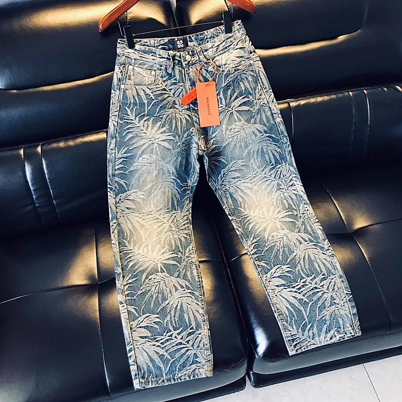 

Retro Y2K 2025 New Baggy Wide Leg Jeans Overszied Men Trendy Leaves Printed Embroidery Blue Jeans Casual Daily