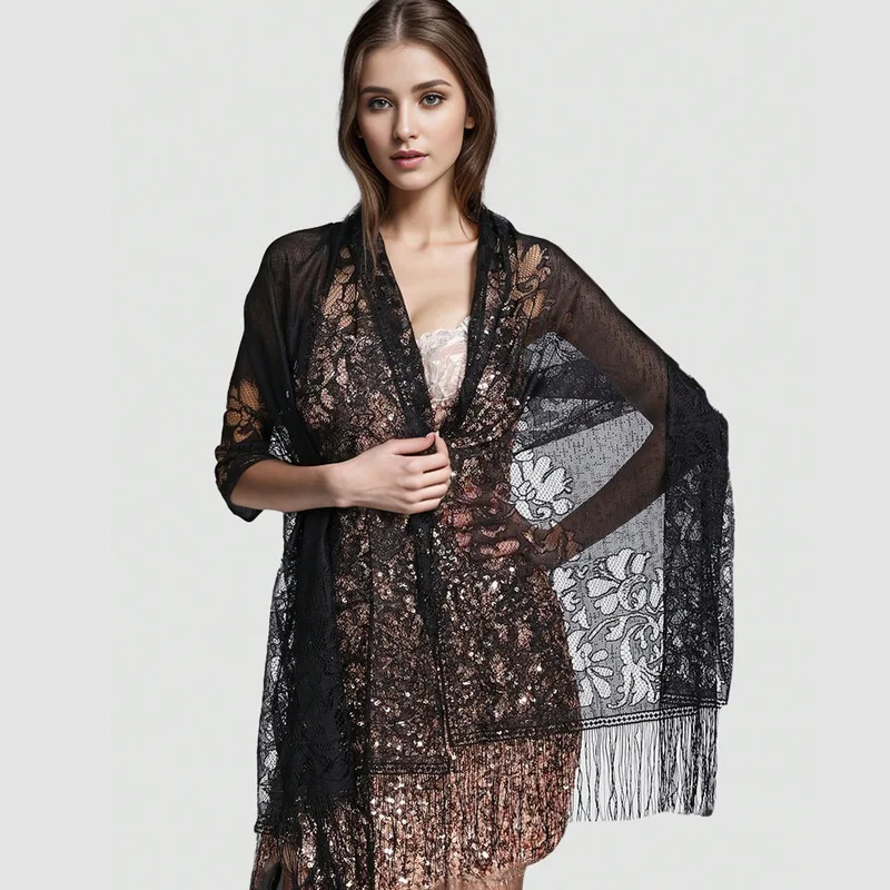 Summer Malaysia Solid Color Lace Hollow Fringe Long Scarf Shawl Wrap Veil for Women Cross Border Fashion