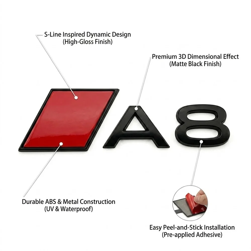 NEUES 3D ABS Auto-Logo A3 A4 A5 A6 A7 A8 Q3 Q5 Q7 Q8 Emblem für Audi Heckklappen-Abzeichen Buchstaben Aufkleber Zubehör – Detail 5
