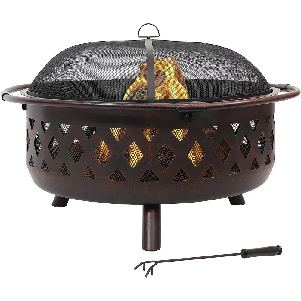 36-Inch Bronze Crossweave Wood-Burning Fire Pit - Includes Spark Screen, Fireplace Poker, and Round Cover